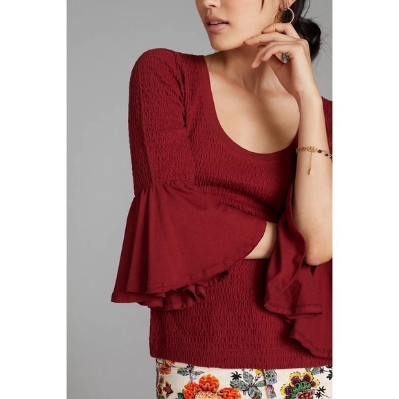 Anthropologie Blouse Smocked Bell-Sleeve Top Shirt in Wine M - Picture 3 of 12